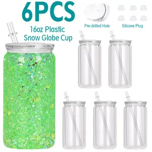 6 PACK 16 oz Plastic Snowglobe Tumbler with Pre Drilled Hole, Double Wall Acrylic Snow Globe Cup for Iced Coffee Boba Juice Soda, Perfect for DIY Glitter Snow Globe Craft Gift Drinkware Bottles Water Bottles plastic  snow  globe  can