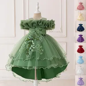 0031 Kids Clothes Pink Sequin 3D Petal Flower Girl Trailing Ball Gown Children Princess Formal Party Cocktail Summer Dress 4-9Y
