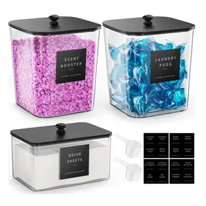 3 Pack Laundry Pods Container & Dryer Sheet Holder - Clear Plastic Laundry Room Organization Storage Containers with Black Lids, Scoops & Labels for Detergent Pods, Powder, Scent Boosters, Beads