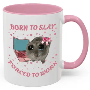 Born To Slay Forced To Work Mug, Funny Hamster Meme Coffee Mug, Sarcastic Work Ceramic Cup, Pink Gift For Coworkers Friends Her, Novelty Gag Drinkware, 11 Oz 15 Oz
