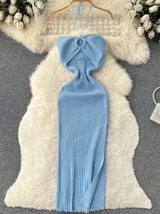 Women Solid Color Halter Tie-Up Sweater Dress