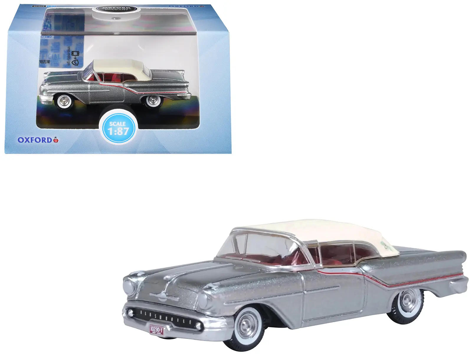 1957 Oldsmobile 88 Convertible Juneau Gray with White Top and Red Interior 1/87 (HO) Scale Diecast Model Car by Oxford Diecast