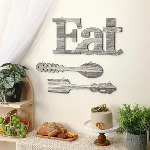 Wooden Wall Decor Set for Eat Restaurant, Knife Fork Spoon Kitchen Hanging Pieces, Rustic Vintage Background Signage