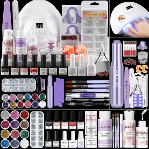SAVILAND Essentials All-in-1 Acrylic Nail Kit - DIY Manicure Kit for Home Starters with 50ml EMA Monomer, 15g Acrylic Powder, Lamp, Nail Drill, Cuticle Remover, Gel Polish (24 Months Shelf Life)