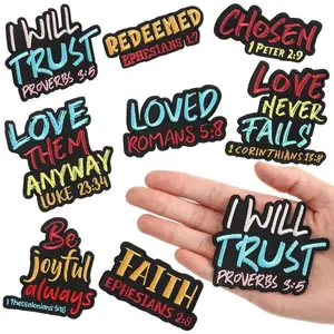 8/9 Pcs Bible Verse Embroidered Iron on Patches 3 Inch Motivational Religious Christian Sew on Applique Patches for Hat Backpack Jacket Clothes DIY Accessories Decorations Lettered Embroidery Geometric Girl Set Fall Outfits Backpacks School
