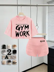 Youth Girls Summer New Round Neck Loose Casual Letter Print Short Top Belly Exposure Sports T-Shirt + High Waist Gym Shorts Fashion Set
