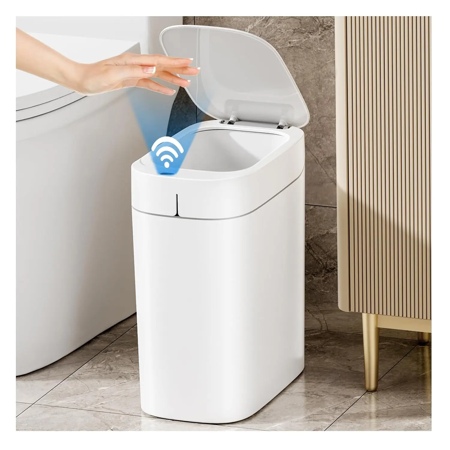 Rechargeable Bathroom Trash Can,Motion Sensor Trash Can Automatic Touchless,White 3.5 Gallon Smart Garbage Can with Lid,Auto-Adsorption Slim Small Waste Basket for Bedroom,Bathroom,Kitchen