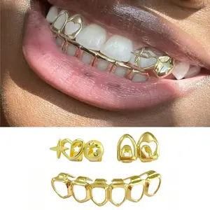 3PC Gold Grillz Set Open Face Hip Hop Teeth Jewelry Gold Plated Dental Caps for Top Bottom Removable Grills for Men Women