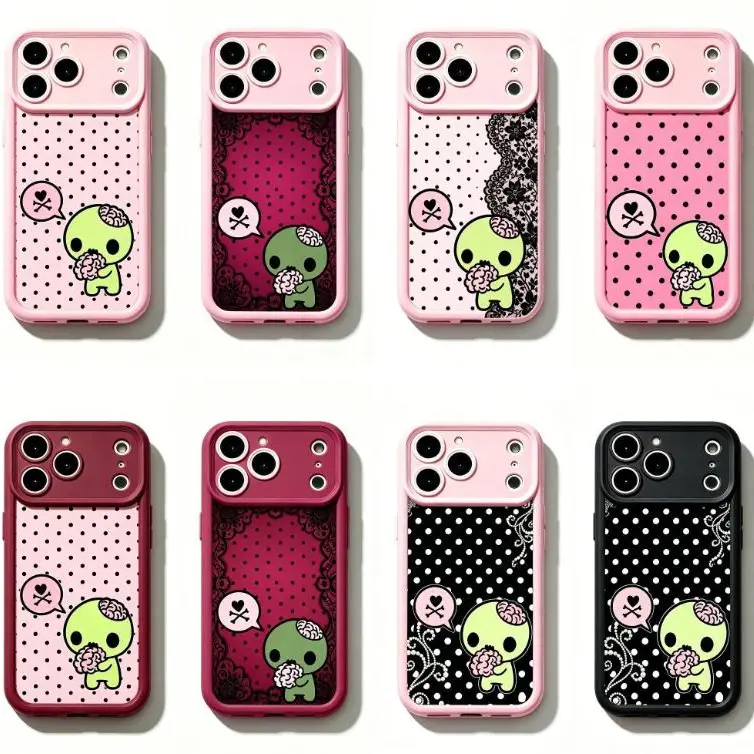Y2k Kawaii Emo Zombie Phone Case - Pink Black Polka Dot Skull Soft TPU Cover with Lens Protector, Cute Phone Accessories for iPhone 11-17 Pro Max & Samsung, Stylish Aesthetic, Perfect Gift for Her & Him, iPhone 17 Accessory