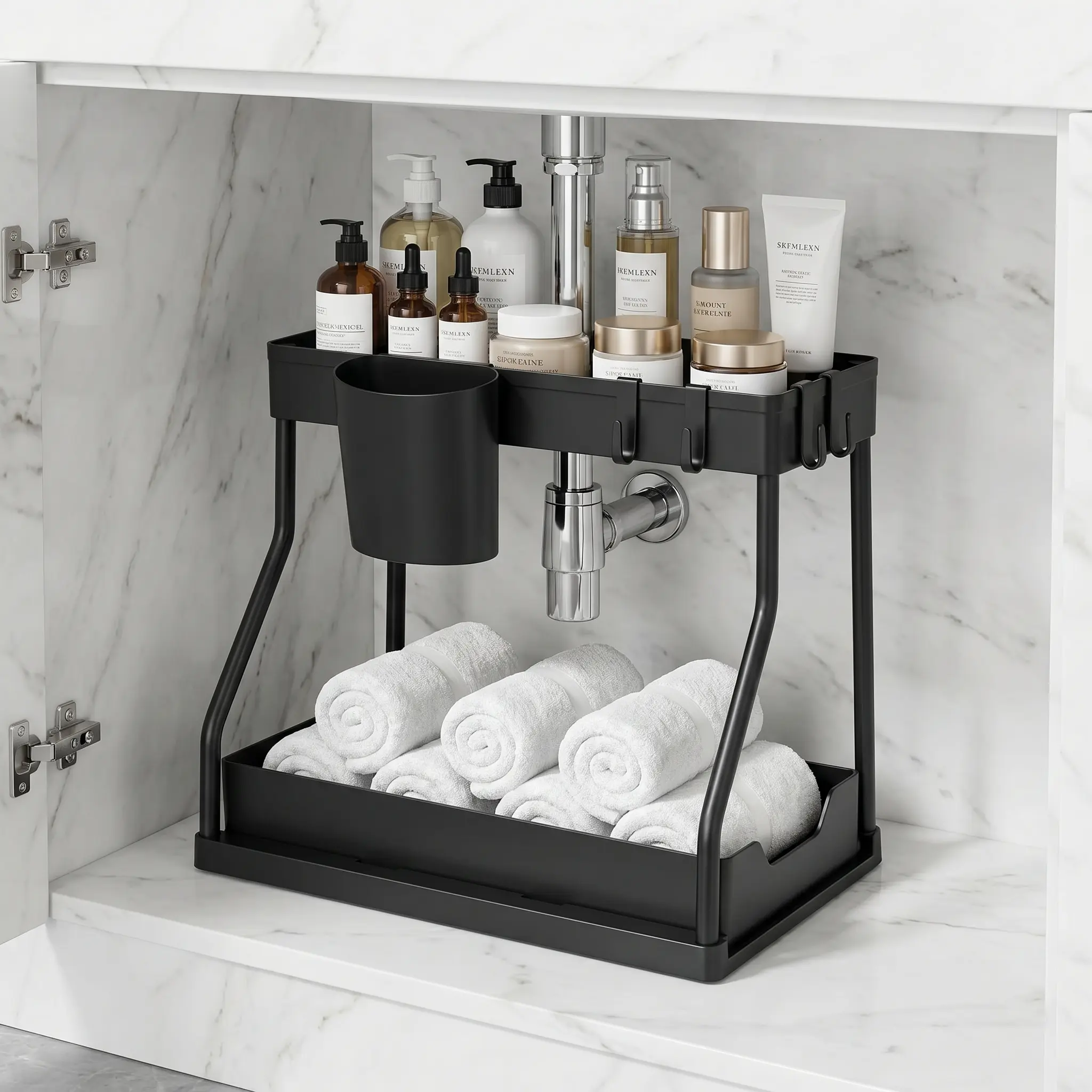 2 Tier Pull Out Cabinet Organizer with Drawer, Tool-Free Assembly Under Sink Storage for Kitchen Bathroom, Fits Most Cabinets organization