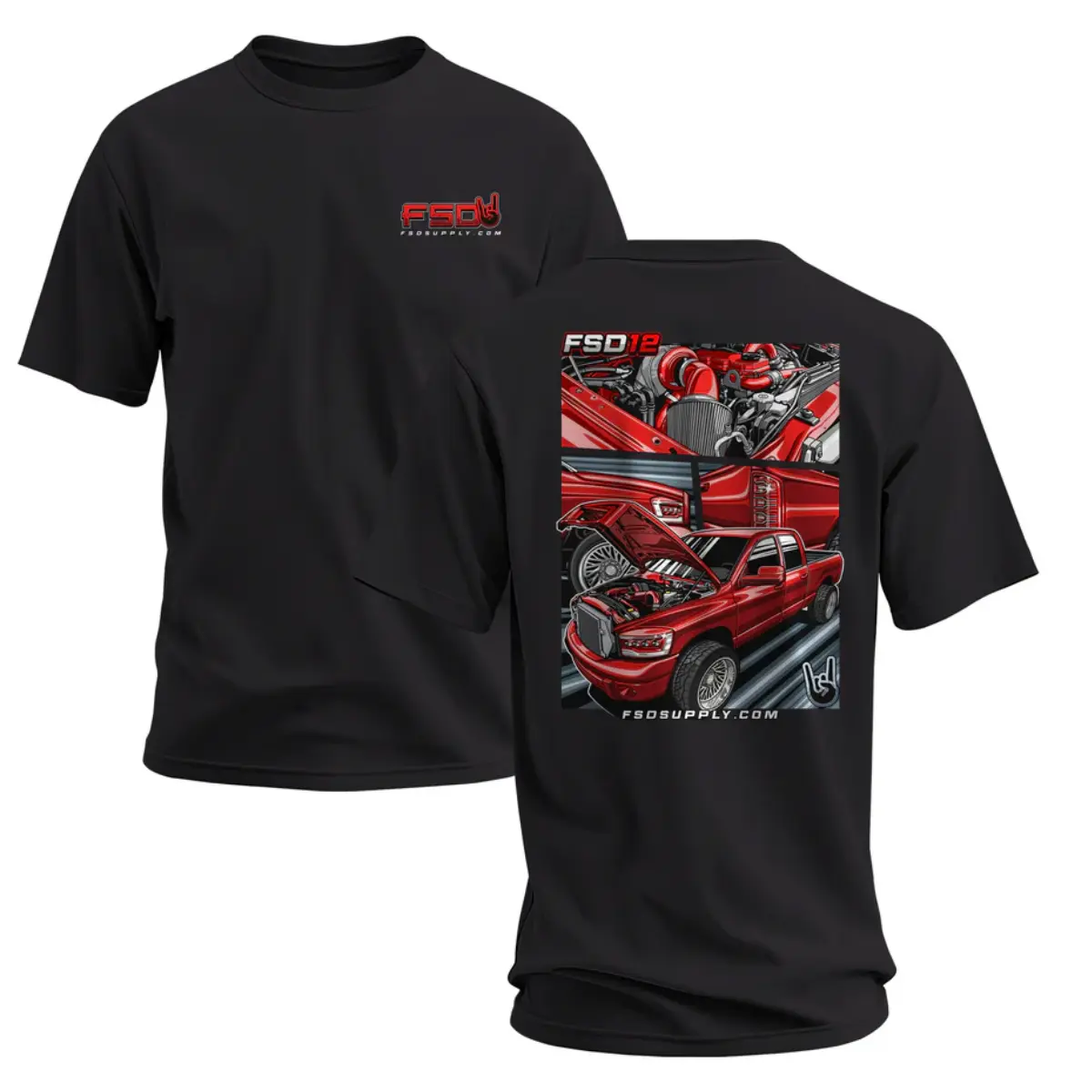 ZestLoop Red Truck Build Graphic Cotton Blend T-Shirt Men Women For Diesel Truck Builders Gearheads Full Engine Bay Custom Design Full Back Print