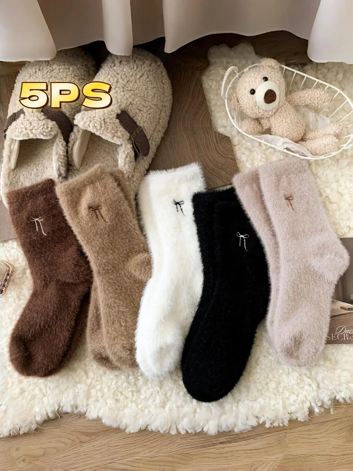 Women's 5 Pairs Bowknot Fuzzy Socks, Autumn Winter Mid-Calf Thick Warm Sleep Socks, Vintage Christmas Gift New Year Present, Cozy Socks