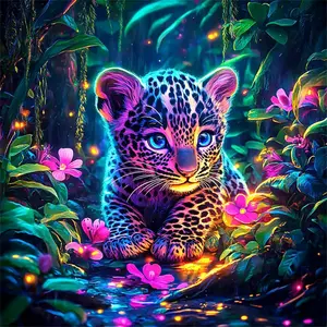 5D DIY Full Drill Diamond Painting Kit Neon Colored Baby Leopard with Bright Blue Eyes in Lush Glowing Jungle with Pink Flowers and Shimmering Lights Round Square Diamond Mosaic Craft for Home Wall Decor Unique Art Gift for Animal Lovers Adults Kids