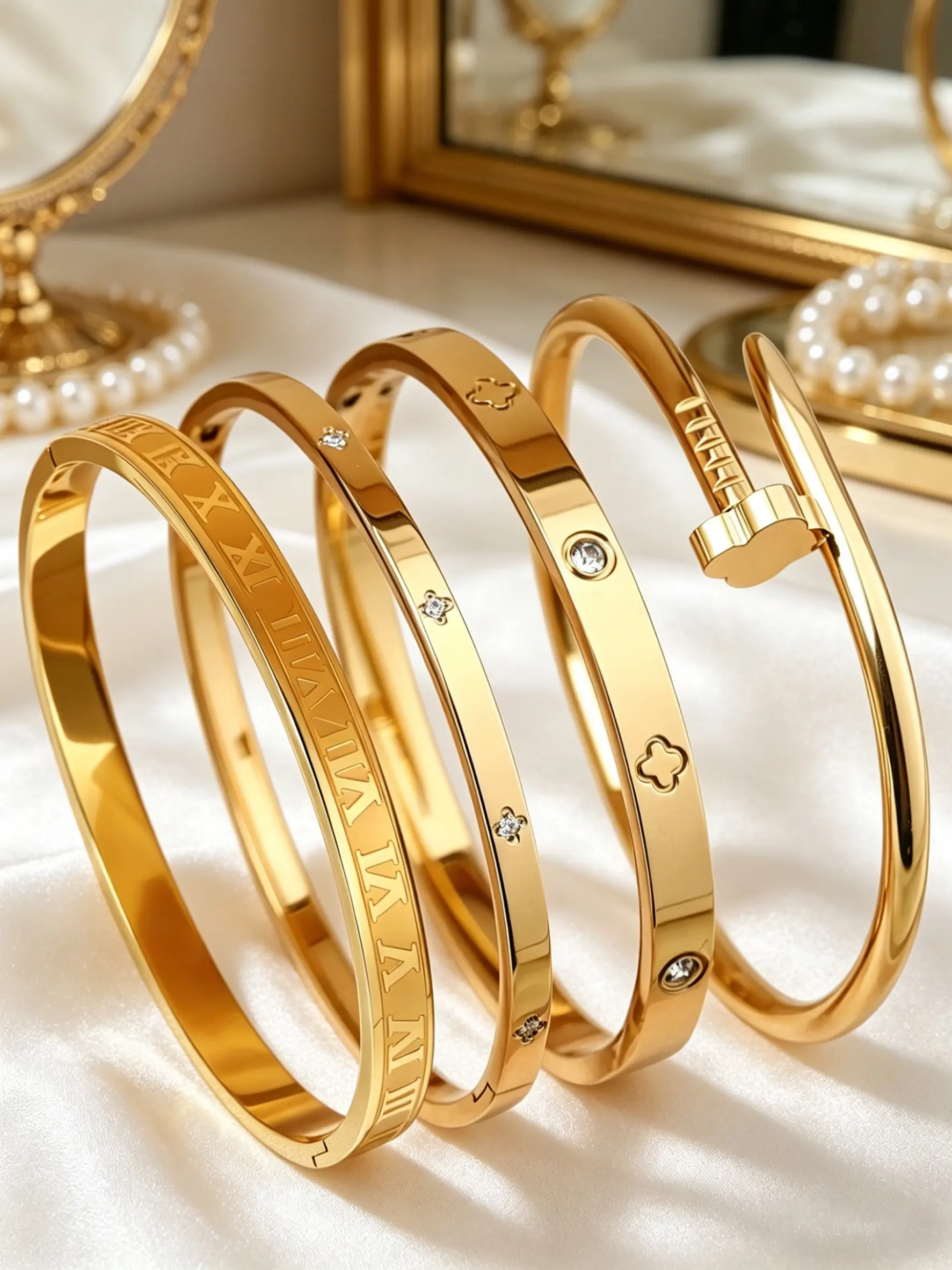 4-piece classic light luxury stainless steel couple bracelet, suitable for daily wear by men and women, durable party accessories, Stainless Steel Bangle, Stackable Bracelets, Bracelet Set