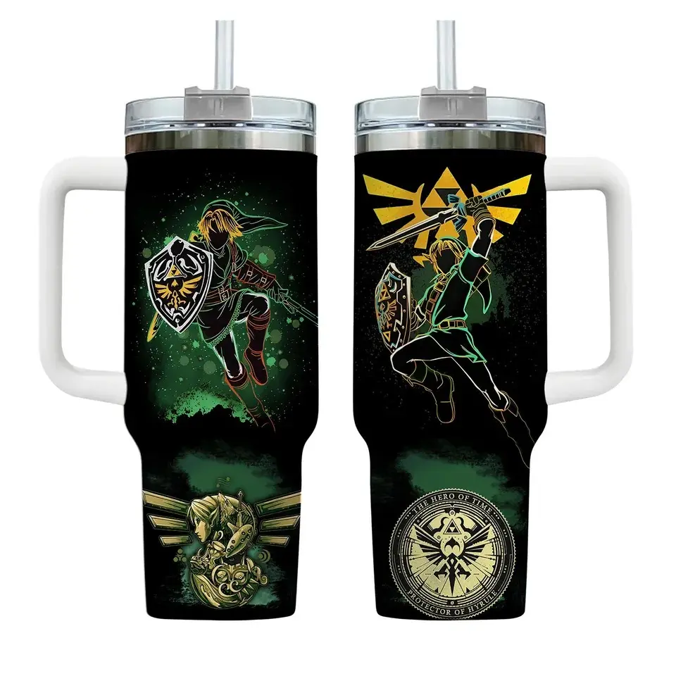 Zelda Protector of Hyrule 40 oz Stainless Steel Tumbler, Legend Classic Video Game Mug with Handle, Insulated Green Link Travel Cup, Nostalgic Gaming Holiday Drinkware, Leak Proof Cold Water Flask with Straw, Unique Gamer Geek Memorabilia Gift