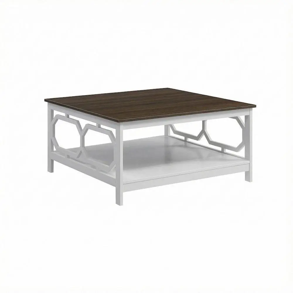 Modern Square Top Driftwood Coffee Table, White Frame, MDF Construction for Living Room