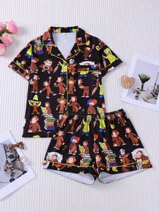 2 Piece Women's Curious George All Over Print Pajama Set, Short Sleeve Collared Button Down Top with Pocket & Elastic Waist Ruffle Shorts, Cute Cartoon Monkey Soft Comfy Loungewear Nightwear for All Season Home Daily Wear, Pjs Womenswear Homewear