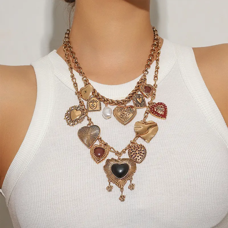 Women's Vintage Love Heart Charms Necklace - Layered Gold Collarbone Chain with Tassel Accent, Unisex Casual Daily/Party Wear Costume Jewelry, Love Heart Necklace