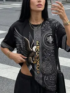 Women's Retro Mexico Eagle Aztec Graphic Jersey, Sporty Style, All-Over Print Design, Ideal for Match Days & Casual, Soccer Tee