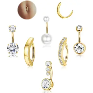 Silver/Gold Plated Belly Button Rings Surgical Stainless Steel Belly Rings CZ Clicker Belly Button Piercings for Women Navel Piercings Pack,Silver/Gold