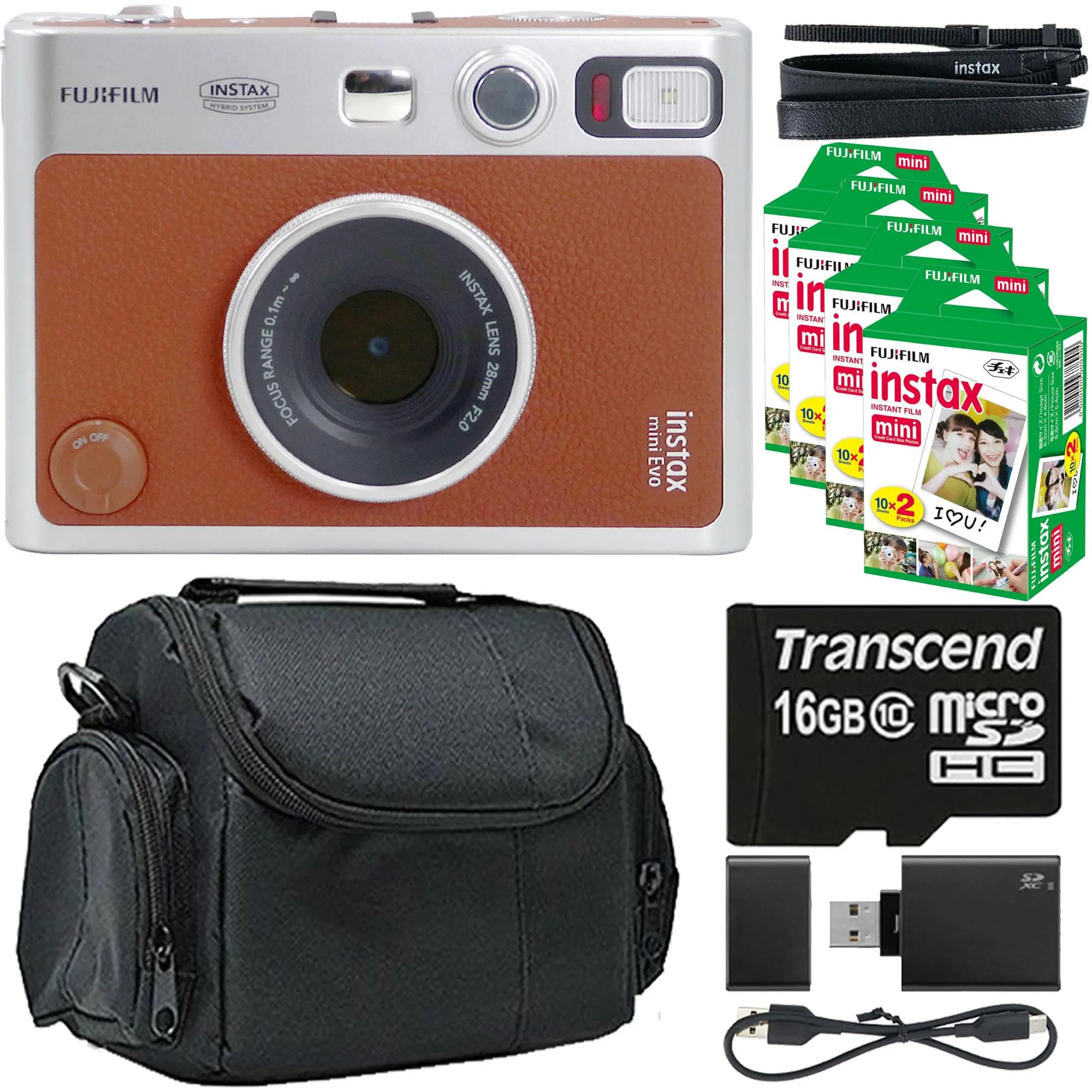 FUJIFILM INSTAX MINI EVO Rechargeable Digital Hybrid Instant Camera (Brown) with Lens, 4x Fujifilm 2x10 Mini Film Packs, BePro BC-1 Small Case, 16GB Transcend MicroSD Card with Adapter, Memory Card Reader - Portable Digital Instant Cameras