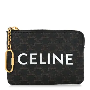 Pre-owned Celine Leather Small Leather Goods Triomphe Canvas Logo Coin and Card Pouch With Hook Black