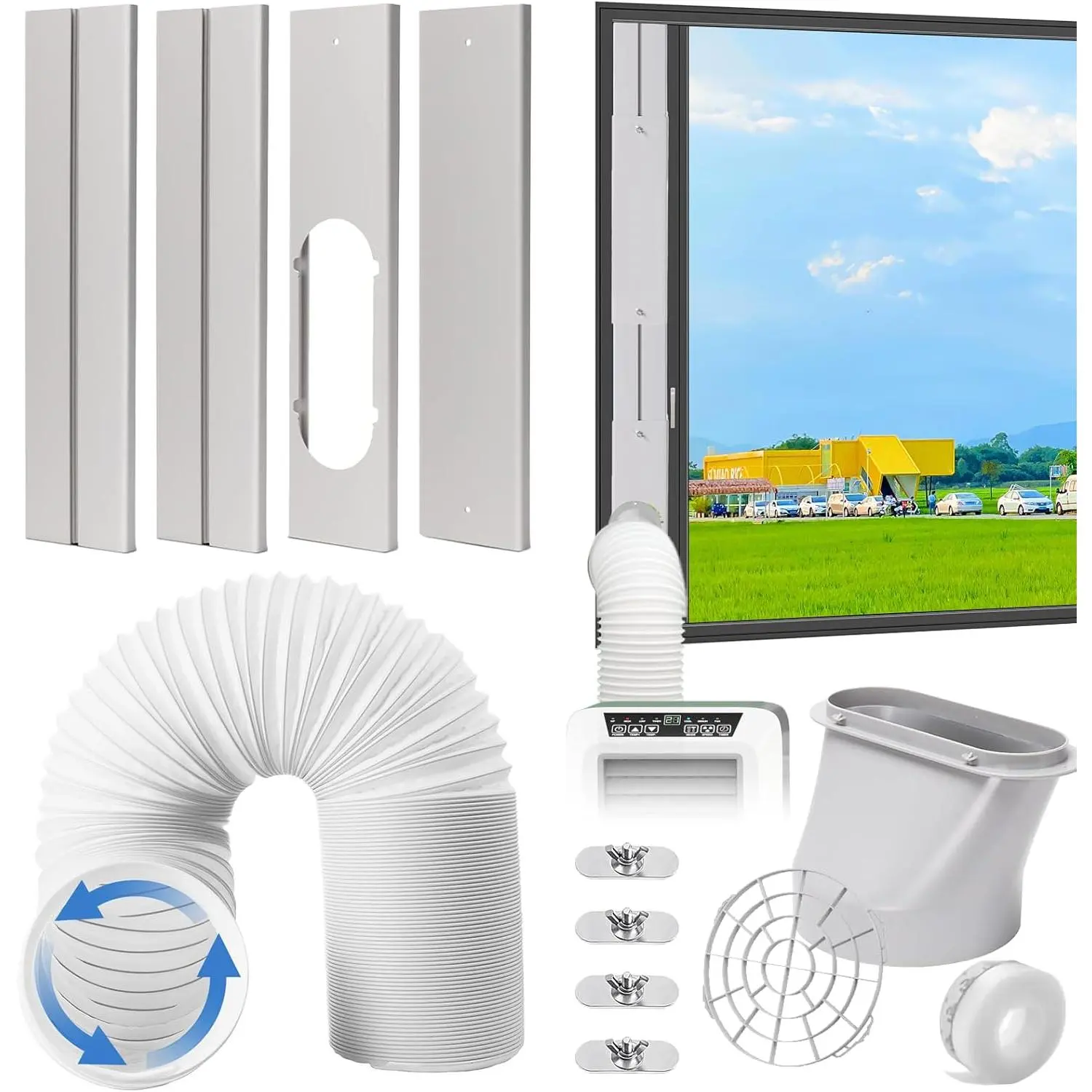 Portable Air Conditioner Window Vent Kit, Adjustable Vertical/Horizontal Sliding Window Plate for AC Unit, Seamless Window Seal with 5.9-inch diameter, 59-inch length exhaust hose