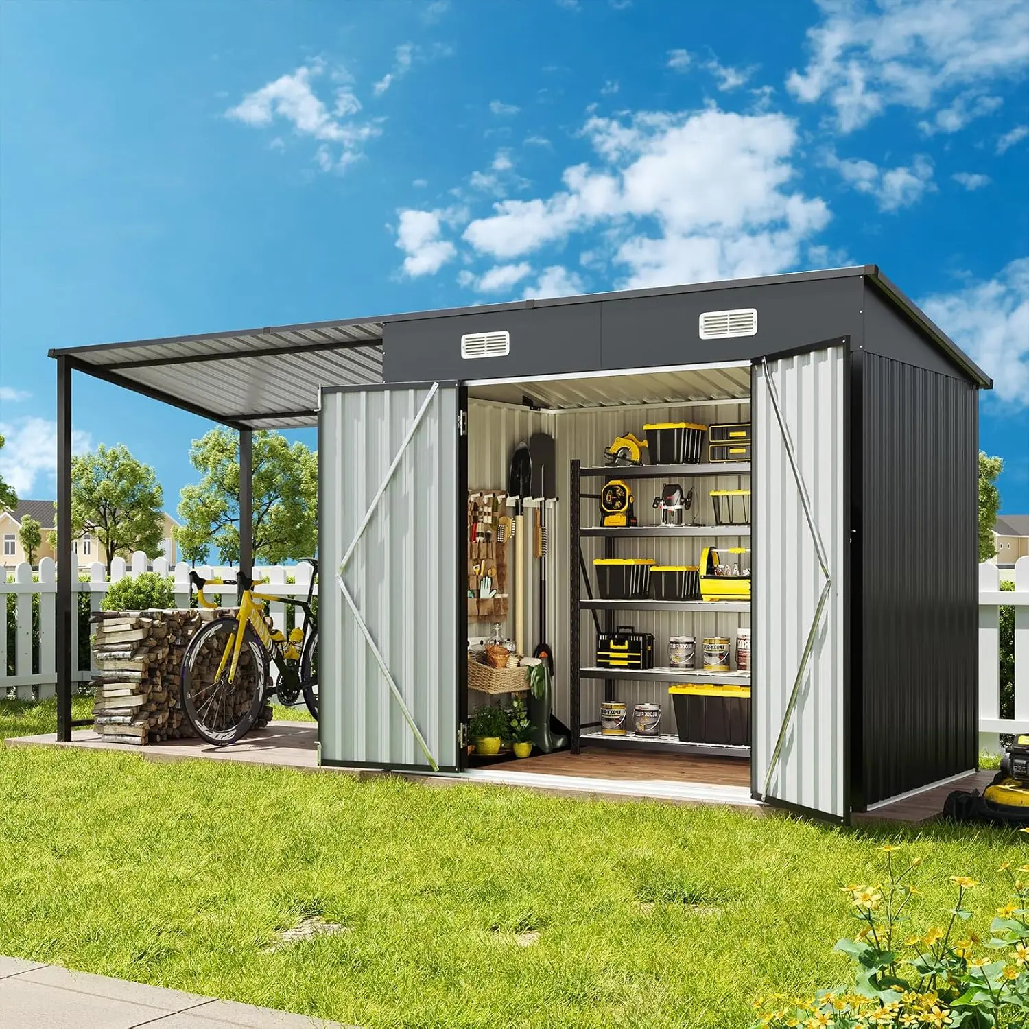 Aoxun 2-in-1 Metal Outdoor Storage Shed & Hardtop Gazebo, 6x4 Lockable Tool Shed with 12x4 Pergola for Patio Backyard,outdoorfurnitureset,home decor,camping essentials