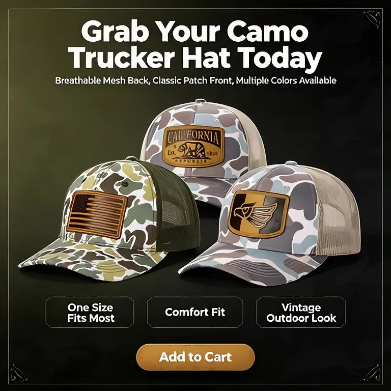 Camouflage Work Cap – Breathable mesh back, classic badge front, available in multiple colors, one size fits most head shapes, comfortable and snug fit, retro outdoor style