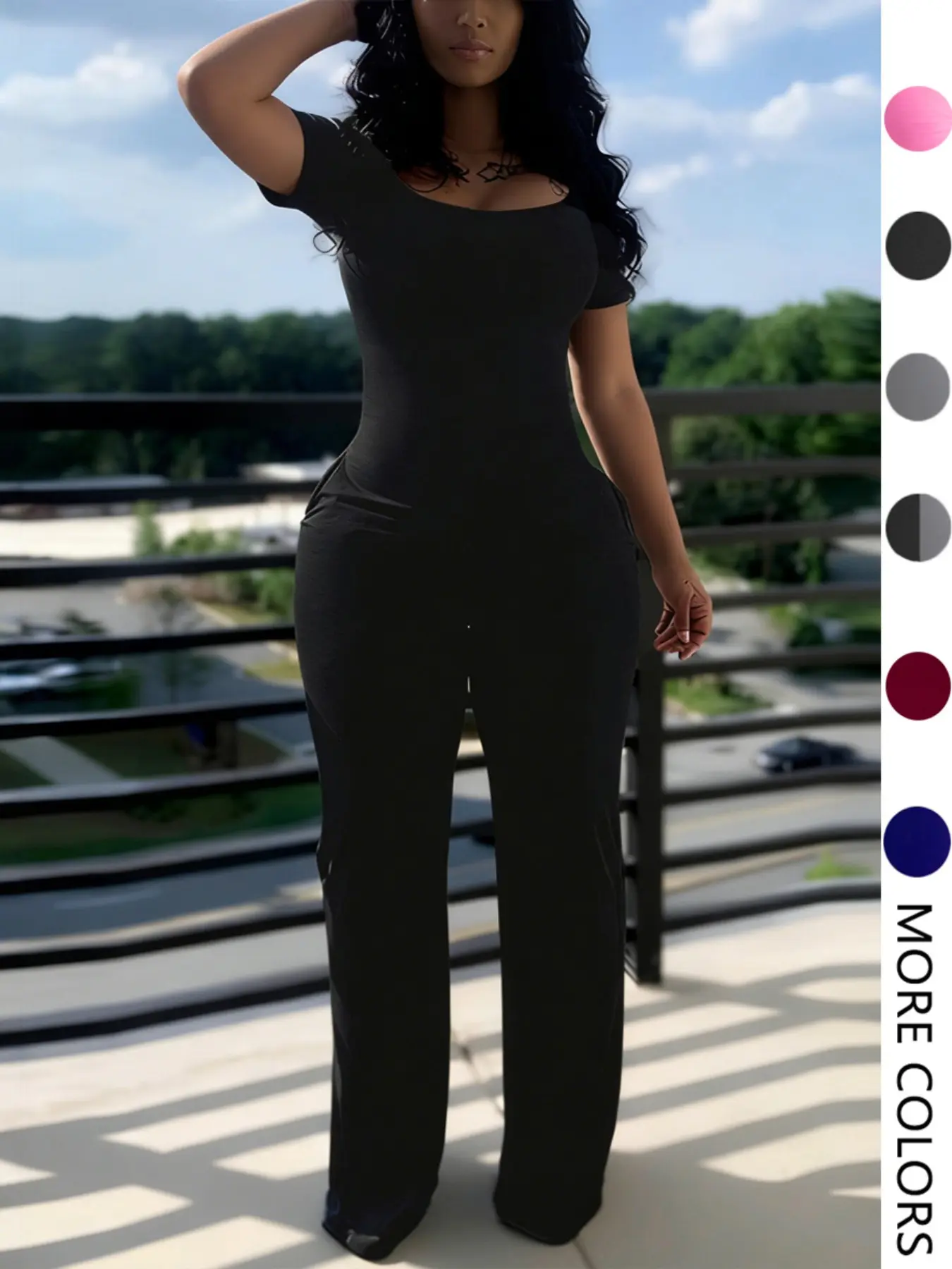 Women's Chic Minimalist Fitted Short-Sleeve Jumpsuit, Plain Low-Neck Design with Pockets, All-Season Casual Fashion Summer Wear Style