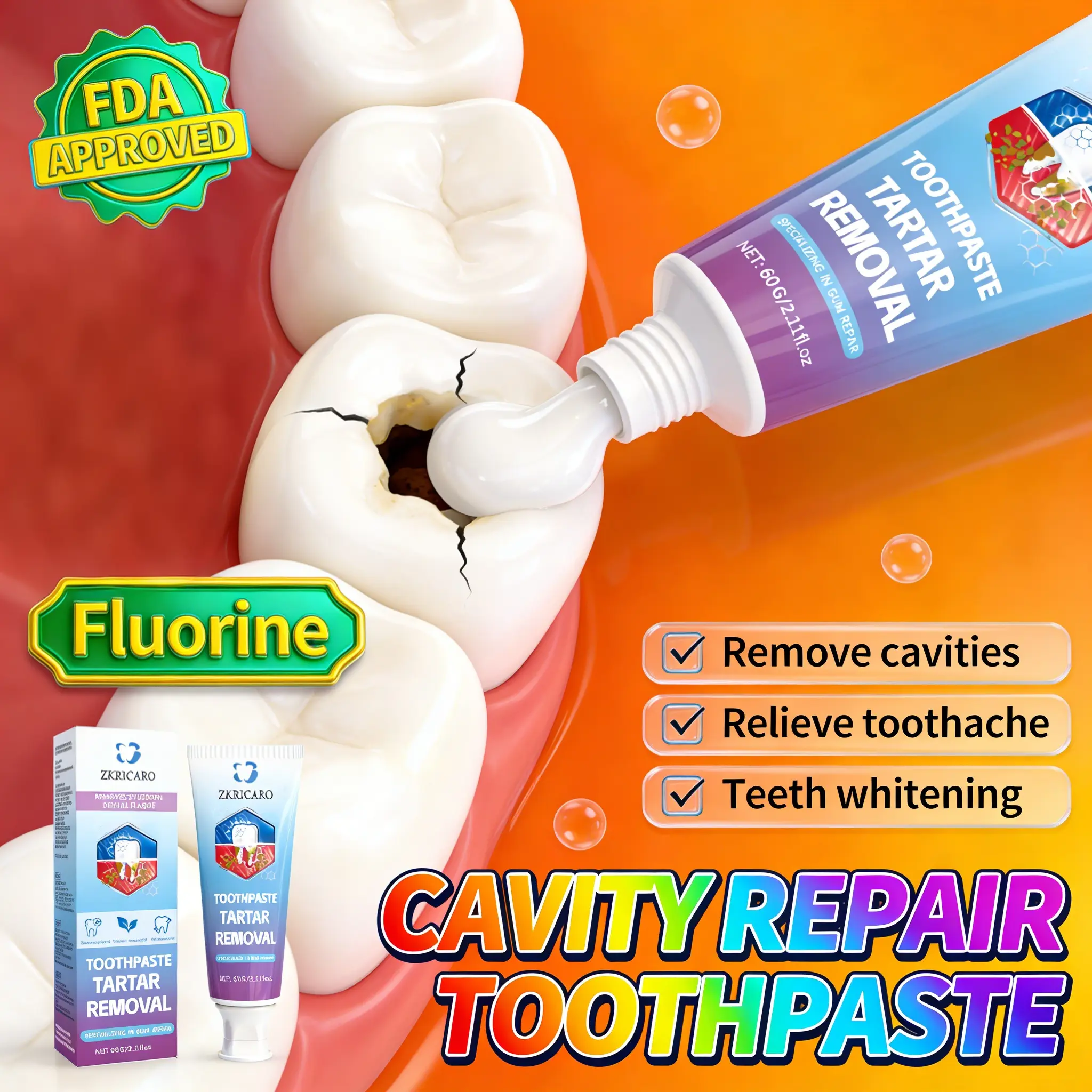 ZKRICARO Anti-Cavity Repair Toothpaste, FDA-Approved Oral Care for Teeth Whitening, Plaque Removal, Enamel Strengthening, Gentle Sensitive Teeth Care with Herbal Ingredients Tea Tree, Chamomile, Peppermint, Tube