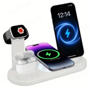 15w 6 in 1 Wireless Charger Stand for iPhone 17 16 15 14 13 12 11 Pro Max, Apple Watch & AirPods, Fast Charging Station, Desktop Phone Holder, Charging Dock