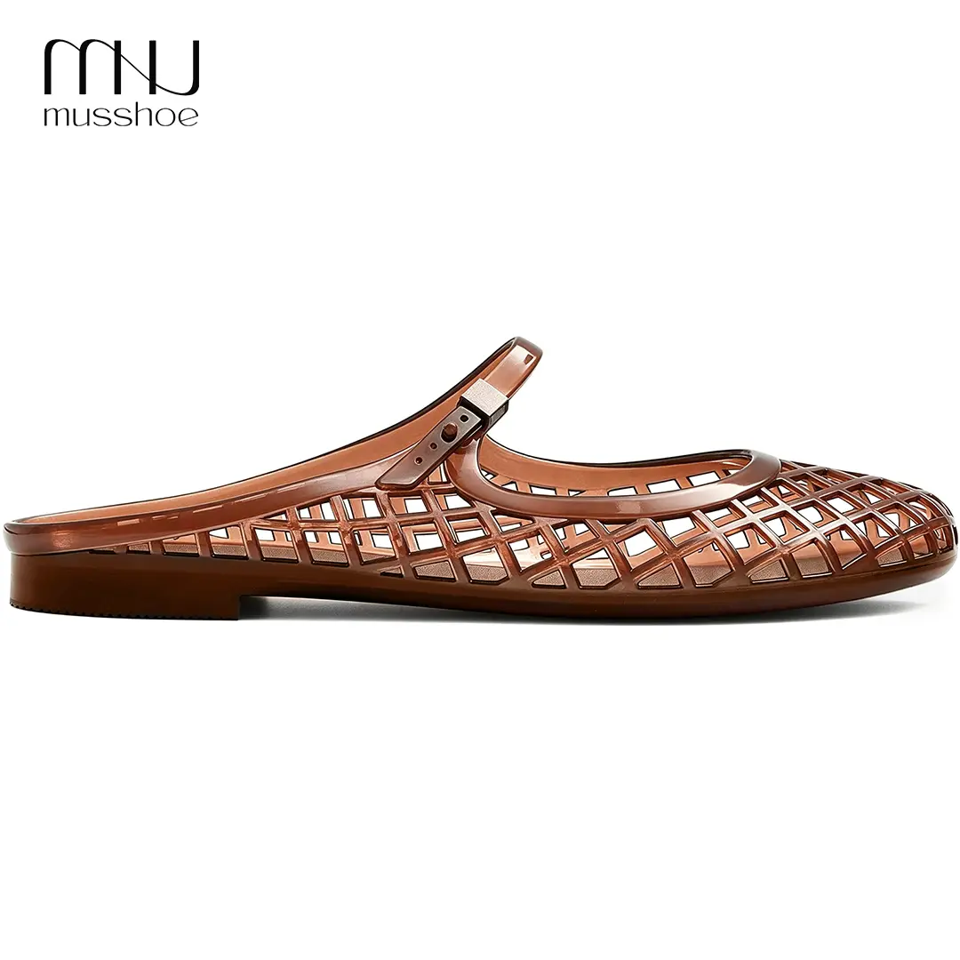 MUSSHOE Women’s Brown Plain Jelly Weave Fisherman Sandals - Beachwear Casual Flats with Round Closed Toe, Adjustable Ankle Slingback Strap