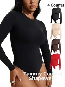 Women's Solid Round Neck Long Sleeve Fitted Crop Shapewear Bodysuit, Casual Comfy Tummy Control Butt Lifting Shaper, Ladies Shapewear for All Seasons