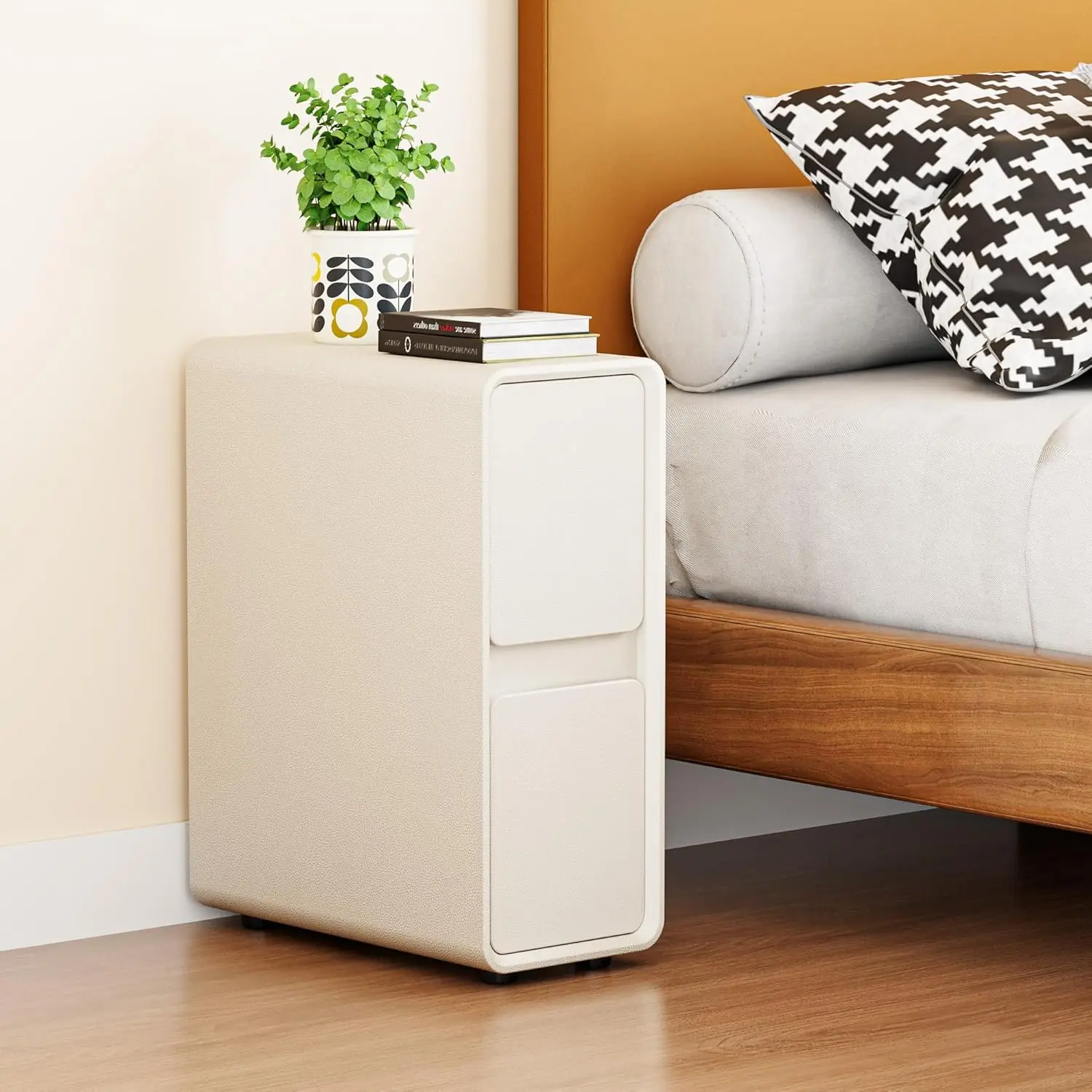Fully Assembled 7.8" Narrow Bedside Table with 2 Solid Wood Drawers, Slim Nightstand with Premium Leather Finish, Modern Small Side Table with Soft Curved Profile for Bedroom Living Room