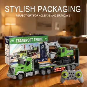 RC Semi Truck & Excavator Toy Set,1:12 RC Semi-TrailerTruck with Sound and Lights,2.4Ghz Remote ControlFlatbed Truck with Green RC Car Excavator Toys