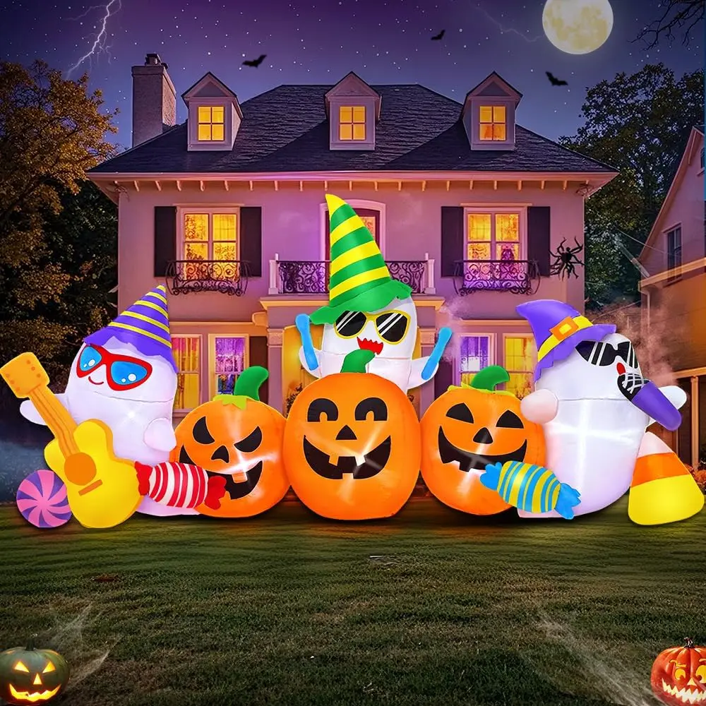 8FT Waterproof Halloween Inflatable Ghost Pumpkin Band Decoration - Outdoor LED Light-Up Festive Decor, Suitable for Garden Lawn Home, Ideal as Party Supply & Holiday Gift