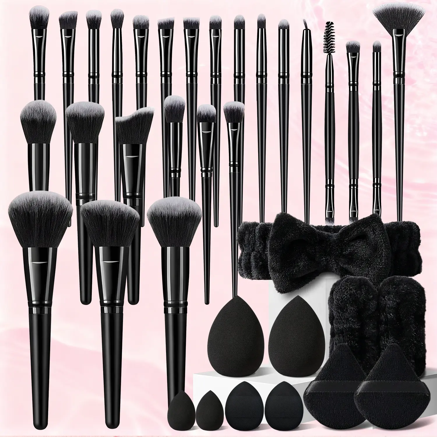 36-Piece Professional Makeup Brush Kit, Cosmetic Tool Collection with 25 Brushes for Foundation, Powder, Blush, Concealer & Eyeshadow, 4 Beauty Sponges, Plus 4 Powder Puffs, Headband, and Wristbands, Travel-Friendly Beauty Tools for Women