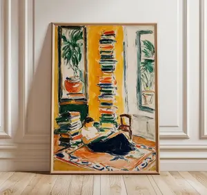 [SALE UP TO 50% + FREE SHIP]  Woman Reading by the Window Poster, Cozy Book Lover Wall Art, Warm Yellow Interior Painting, Modern Impressionist Home Decor