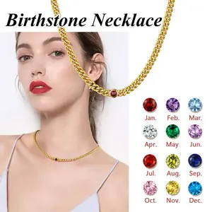 FindChic Round Birthstone Choker Necklace Cuban Chain 12 Custom Birthstone Necklace Everyday Jewelry Unisex For Women Men