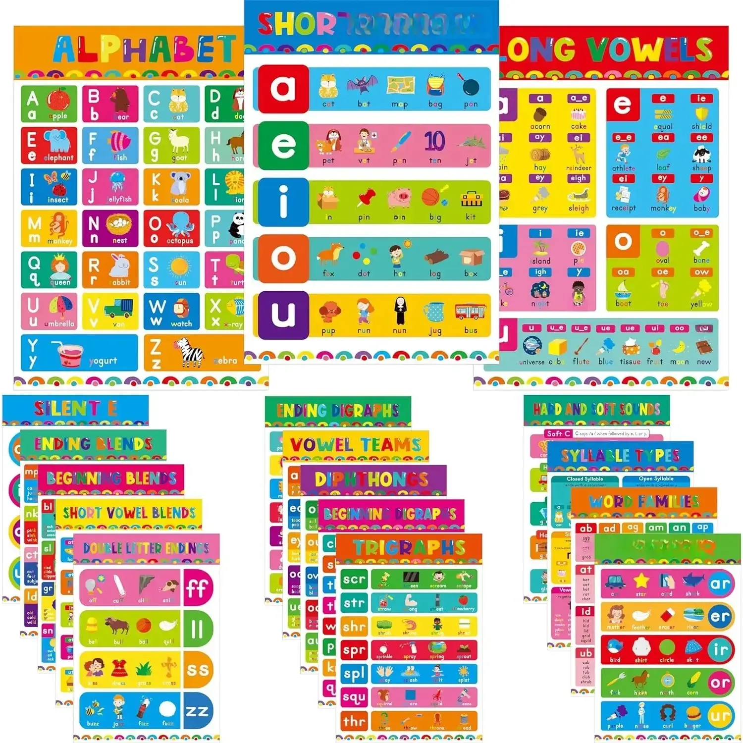 17 Bright Vibrant PET Film-Covered English Phonics Posters - Alphabet, Vowel Learning Charts for Kindergarten, 1st Grade - 11”x16” Office/School Educational Supplies for Playrooms, Bedrooms