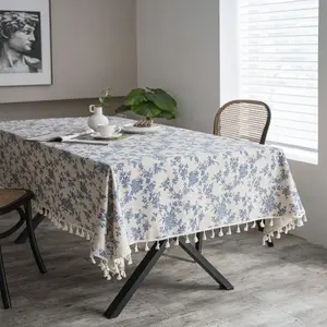 Vintage Floral Print Tassel Decor Tablecloth, Multi-size Household Rectangle Tablecloth, Decoration Tablecloth for Dining Room Kitchen Party Holiday Gathering, Picnic Table Cover, Washable Table Cover
