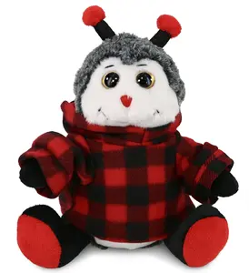DOLLIBU Polyester Ladybug Fluffy Stuffed Toy, Super-Soft Sitting Stuffed Animal with Red Plaid Hoodie, Fluffy Stuffed Toys