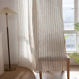 Luxurious Cotton Linen Drapes with Fringe Trim, Semi-Transparent Noise-Dampening UV Protection Curtain for Living Room & Bedroom