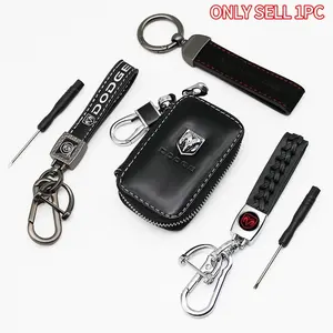 Dodge Car Metal Leather Keychain Set with Leather Key Case, Car Key Holder for Dodge Challenger, Durango, Charger, RAM