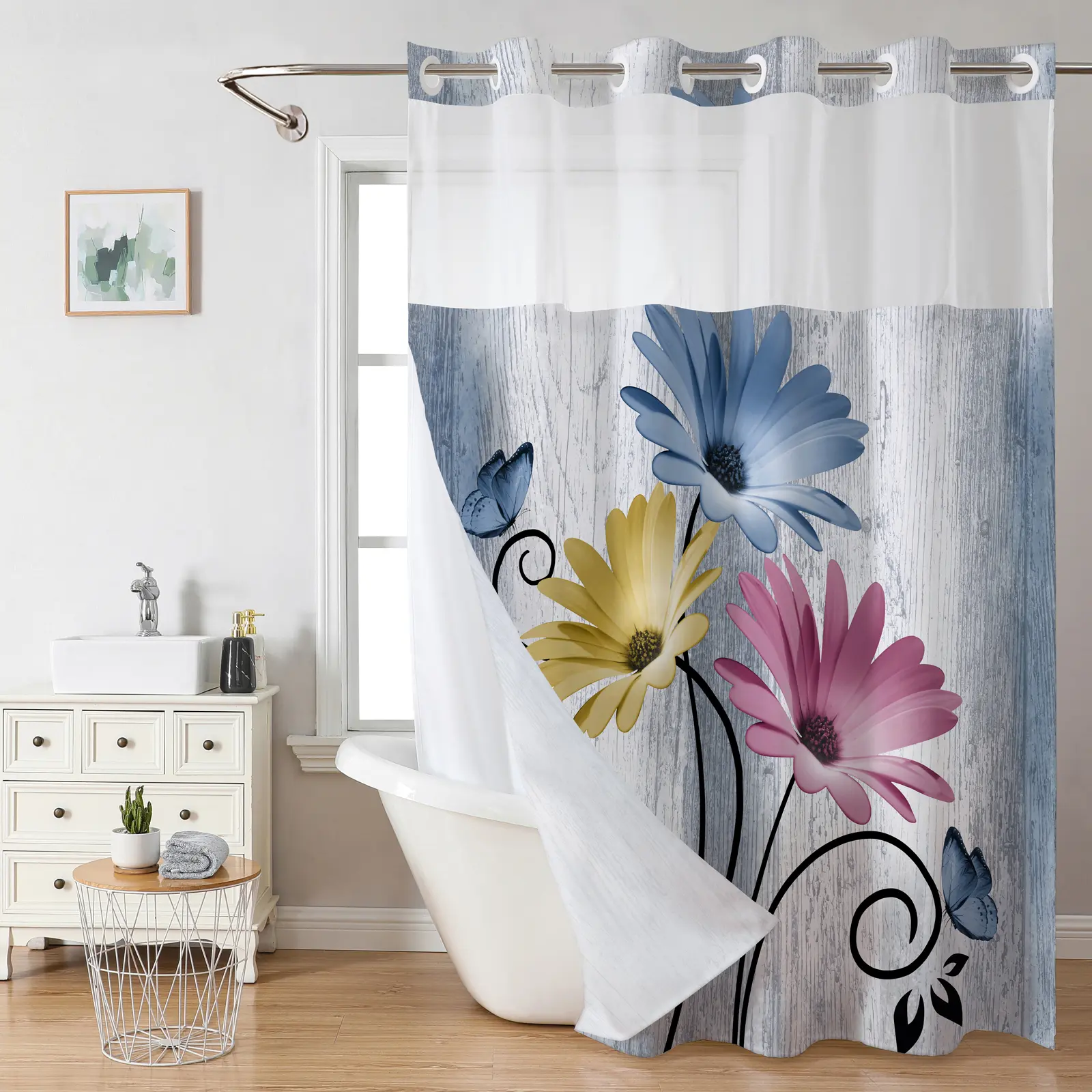 Hookless Double-Layer Daisy Printed Waterproof Shower Curtain, Rustic Country Style Bathroom Accessory for Home, 72x75in Home Supplies Shower Curtain, Hookless Shower Curtain
