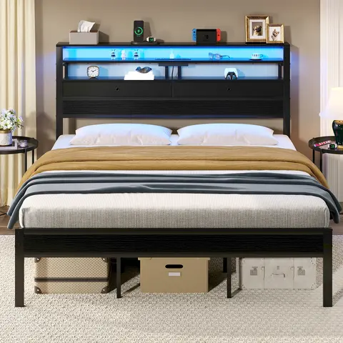 Sweetcrispy S Metal Bed Frame - Queen/Full Size Platform with LED Lights, Charging Station, 3-Tier Shelves, Storage Drawers & Under Bed Space, No Box Spring Needed, for Bedroom Apartment Furniture