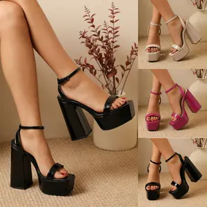 Women's Platform High Heels Sandals Square Open Toe 5-inch Chunky Block Heel Footwear with Adjustable Ankle Strap 2026 Fashion Elegant Comfortable Girl Summer Casual Dressy Heeled Shoes for Wedding Party Prom Daily Wear