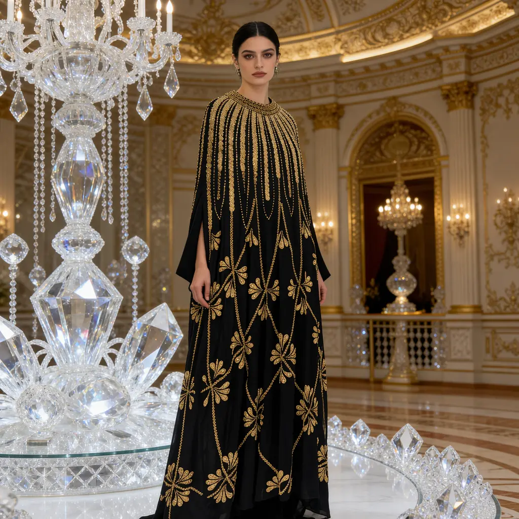 Luxury Beaded Rhinestone Kaftan Abaya | Sequin Cape Maxi Dress for Eid, Weddings & Evening