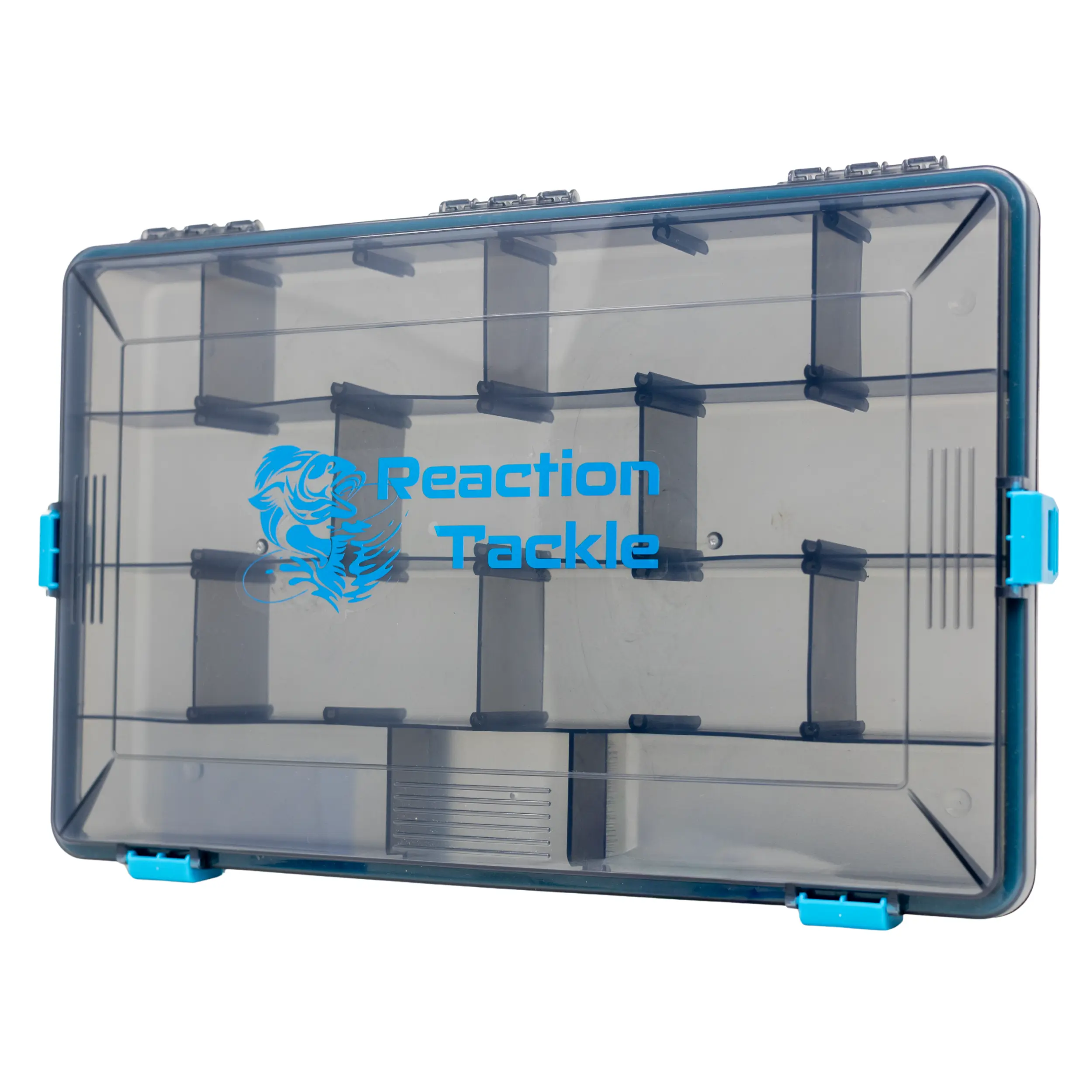 Reaction Tackle Fishing Tackle Boxes, 4-Latch System Stops Gear from Mixing - Adjustable Transparent Plastic Storage Trays with Removable Dividers - 2 or 4 Pack Set, Tackle Box, Lockable